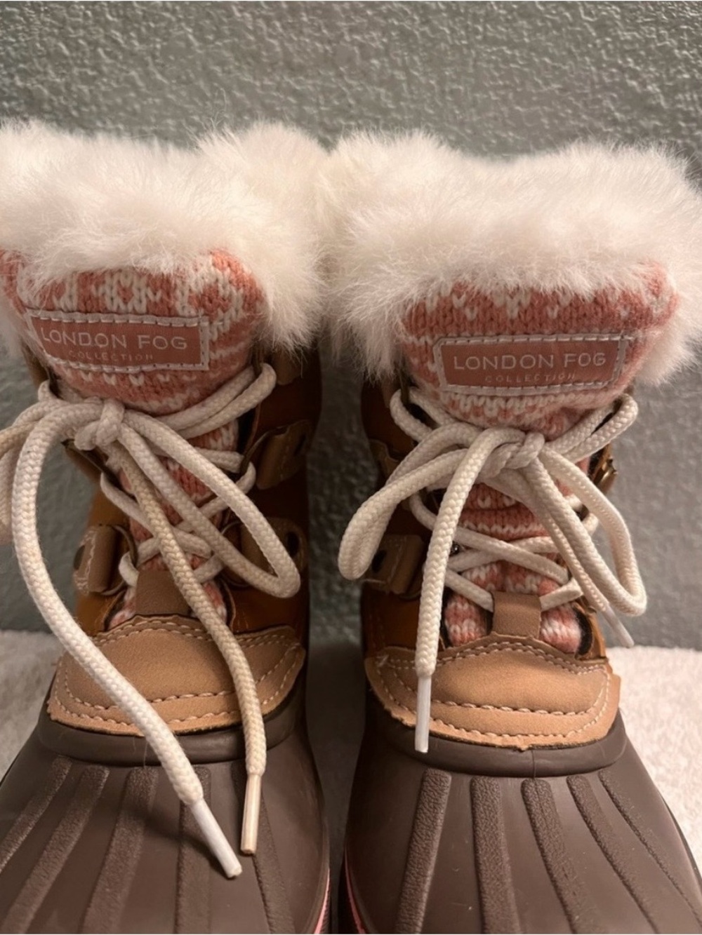 London fog toddler Brown Winter Duck Boots with Pink Knit Cuff and Faux-Fur Trim - Picture 10 of 12